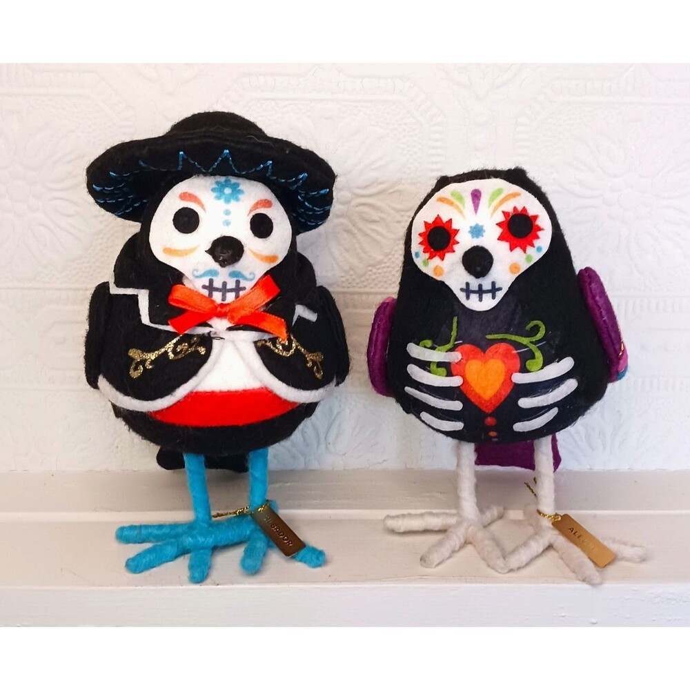 Silbador & Alegre Day of the Dead Skeleton Bird Felt Figurines Halloween w/ Tags